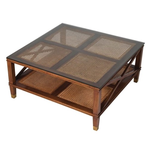 Shire Square Coffee Table in Indian Melia Wood – Brown, Glass Top, 100 × 100 cm