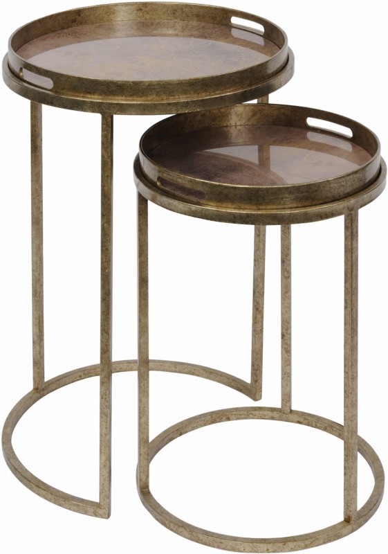 Burton Antique Gold Round Side Tables with Tray Set of two