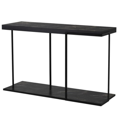 Faux Marble Console Table 121 cm – Black Two-Tier Console with Iron Frame