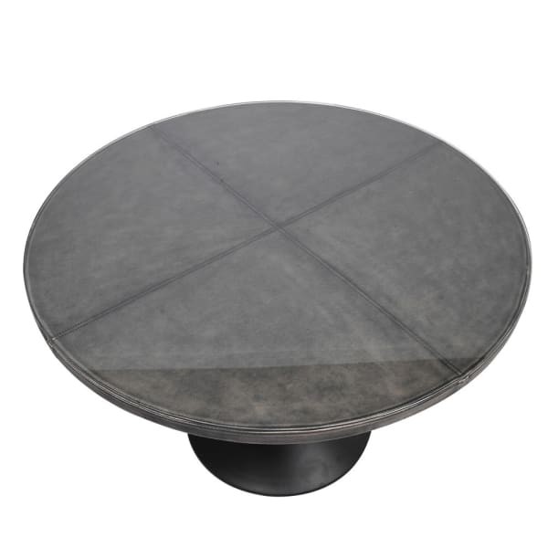 Chester Grey Dining Table 120 cm round top  leather effect glass top