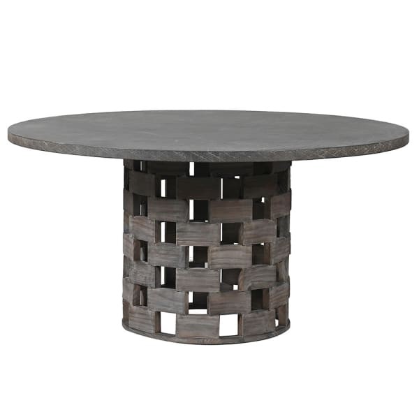 Manresa Concrete round dining table 150cm with grey tabletop and pine lattice pedestal