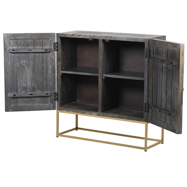 Small sideboard with carved doors and a gold iron base