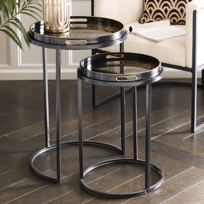 Brompton Black Set of Two Side Tables with Black and Gold Top Tray