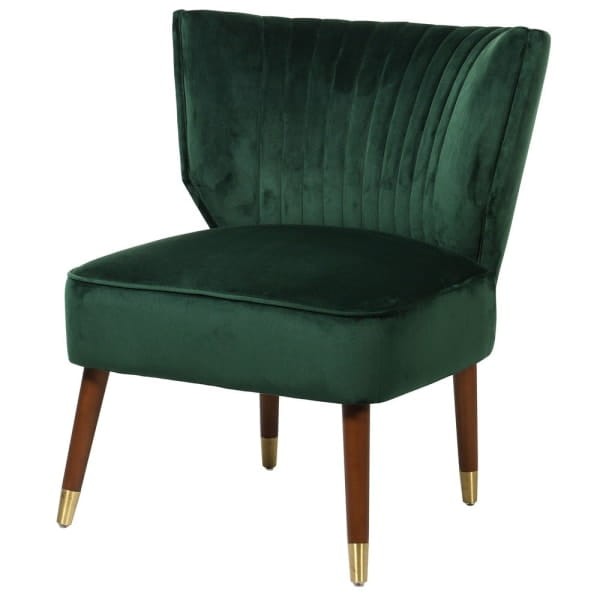 Basil green velvet accent chair with wooden legs and gold detail