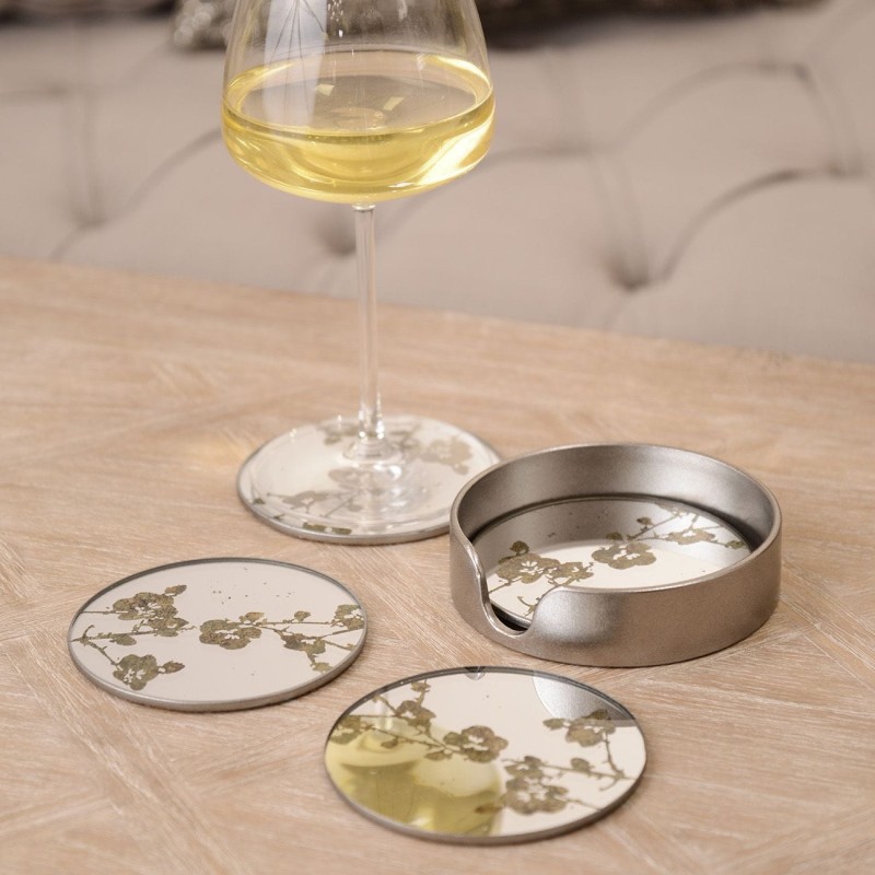 Flowers Glass Coaster set of four gold with mirror effect