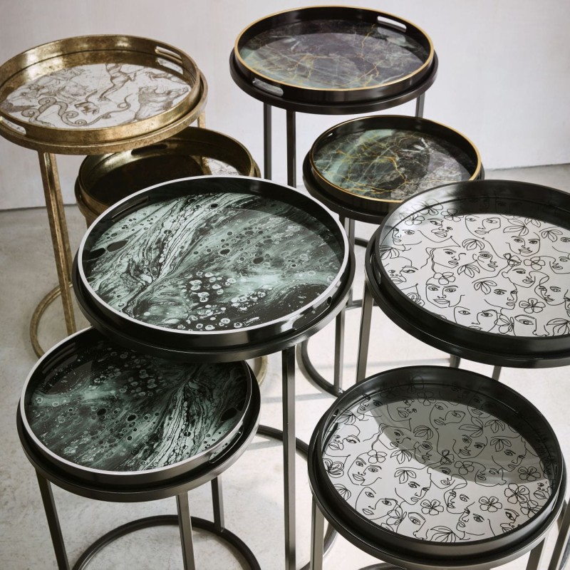 Black nesting tables with decorative grey surfaces