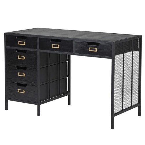 Armour Black Desk 120x76 cm black elm golden details 6 drawers