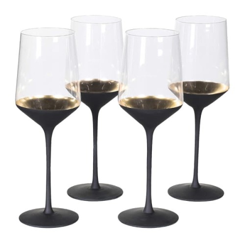Chelsea Black and Gold Wine Glasses with Tall Black Stem – Set of 4