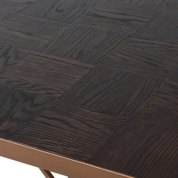 Modern oak dining table with brushed brass iron base