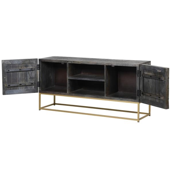 Dark mango wood media unit with a gold iron base