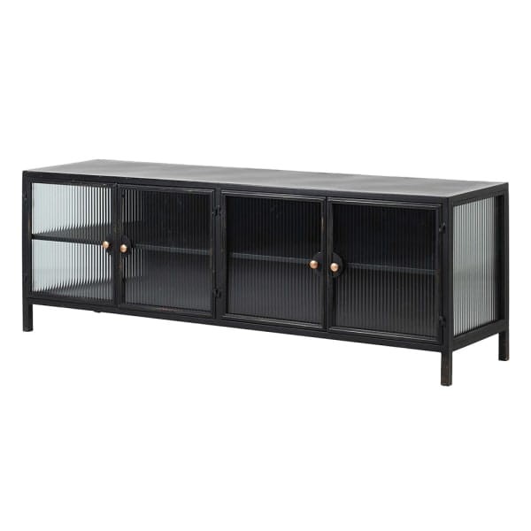 Black metal TV cabinet with ribbed glass fronts