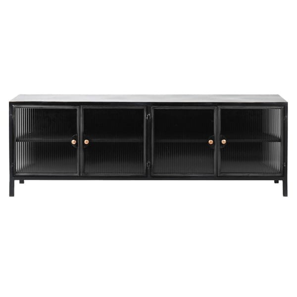 Black metal TV cabinet with ribbed glass fronts