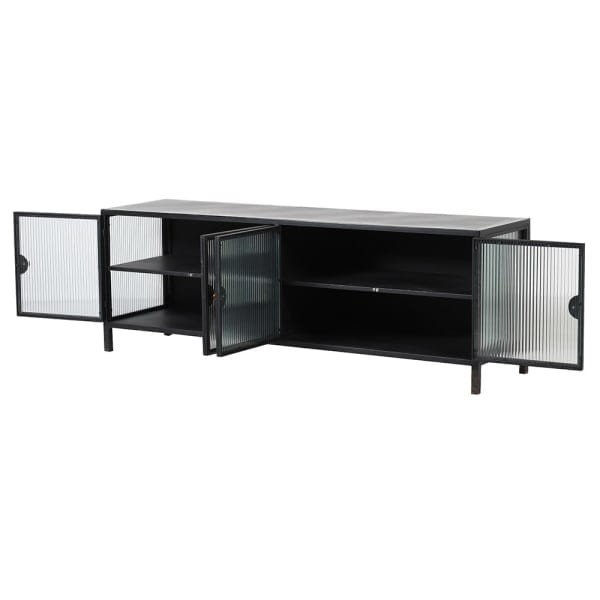 Black metal TV cabinet with ribbed glass fronts