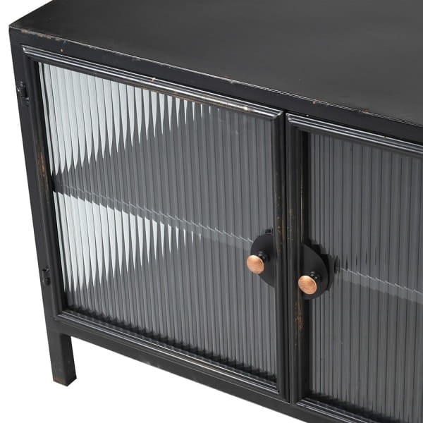 Black metal TV cabinet with ribbed glass fronts