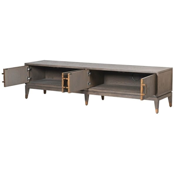 Grey oak TV stand with brass-coloured details