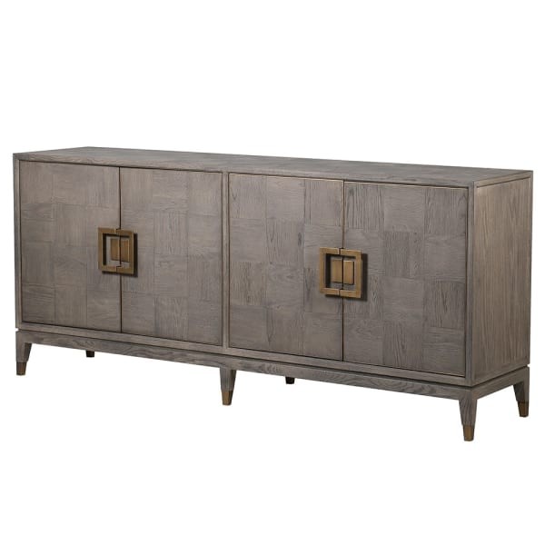 Camile Oak Grey Four-Door Sideboard with Brass Details – 193 × 86 cm