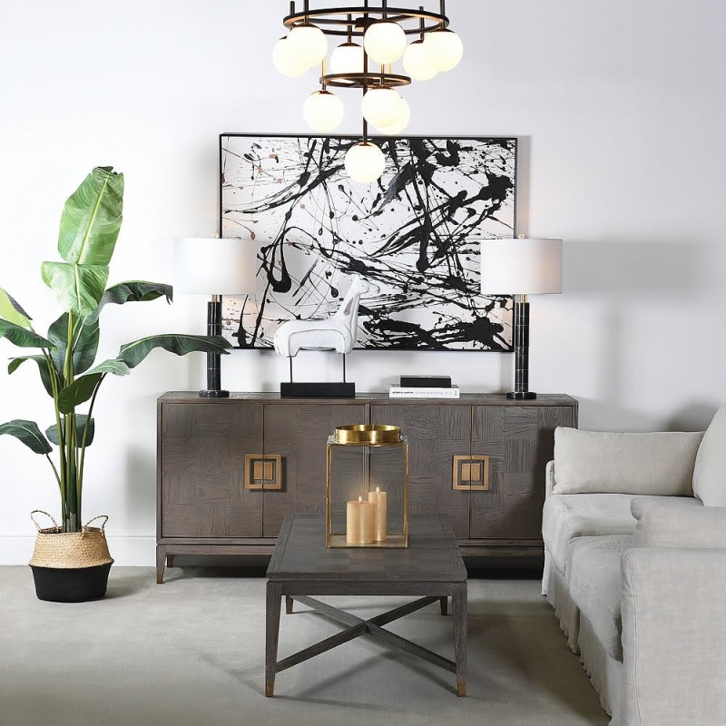 Camile Oak Grey Four-Door Sideboard with Brass Details – 193 × 86 cm