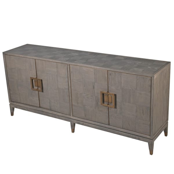 Camile Oak Grey Four-Door Sideboard with Brass Details – 193 × 86 cm