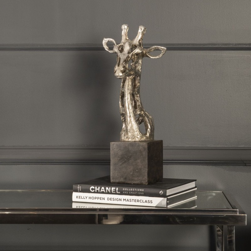 Giraffe Head Sculpture 46 cm silver and black resin