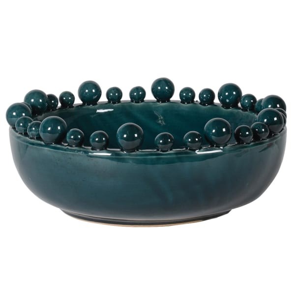 Bubble Teal Ceramic Decorative Bowl, 38 cm, with Sculptural Beaded Rim