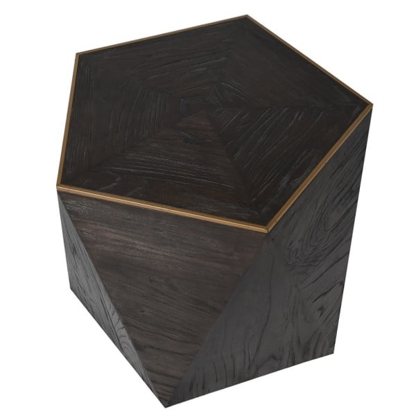 Pentagonal side table with copper-toned details