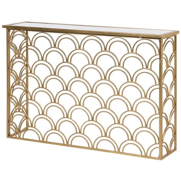 Gold console table with mirrored glass top for hallway or living room