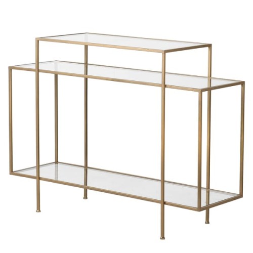 Chesham Tiered Console Table 120 x 90 cm with Gold Iron Frame and Glass Shelves