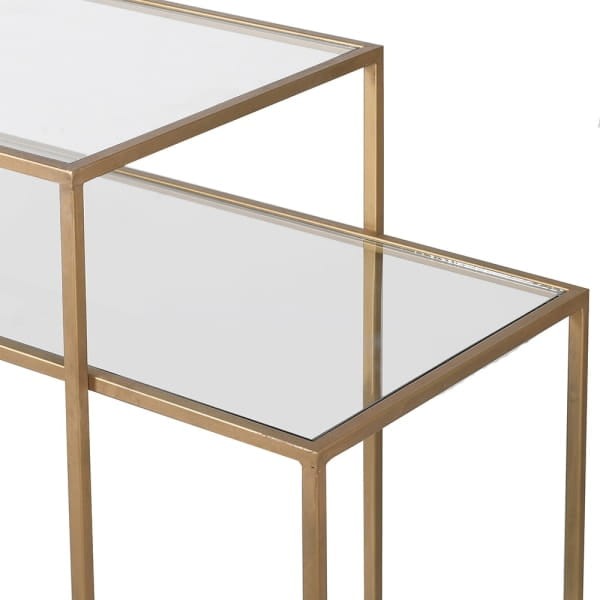 Chesham Tiered Console Table 120 x 90 cm with Gold Iron Frame and Glass Shelves