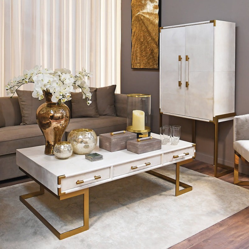 Luxury Royal Ivory Bar Cabinet 164 cm – Light Leather & Gold Base