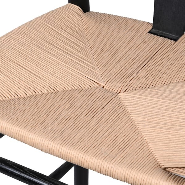 Black elm bar stool with curved back and woven rattan seat