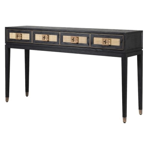 Zelten Black Console Table with 4 Drawers 160x91 cm black oak and rattan details