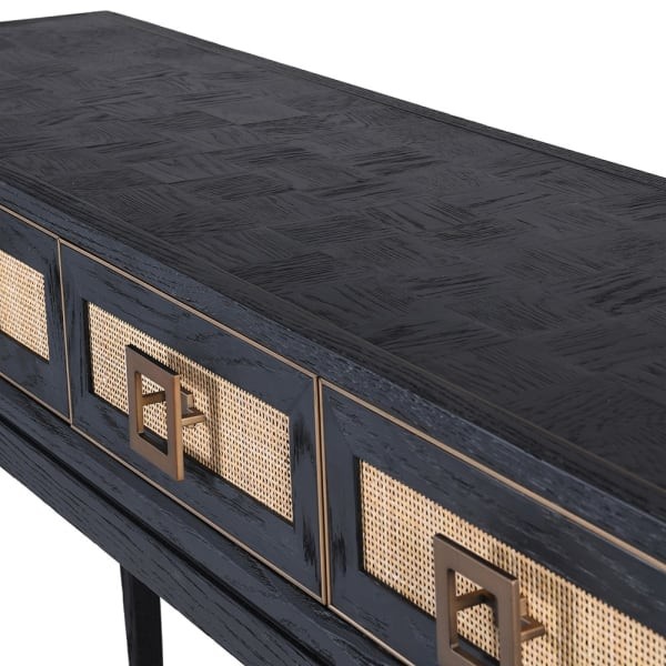 Zelten Black Console Table with 4 Drawers 160x91 cm black oak and rattan details