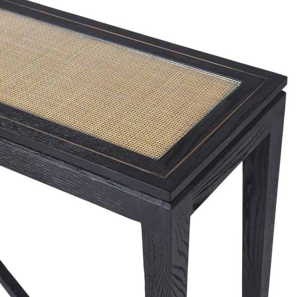 Zelten Black S Oak Console Table with Decorative Rattan Behind Glass, 76 x 79.5cm