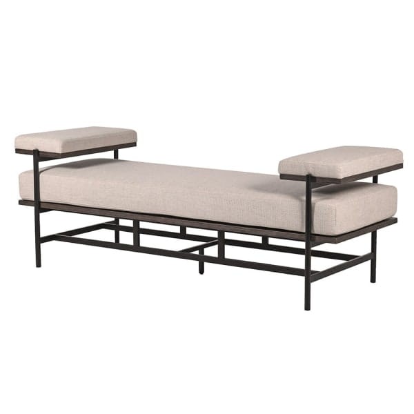 Cream upholstered bench with arms and brown iron frame