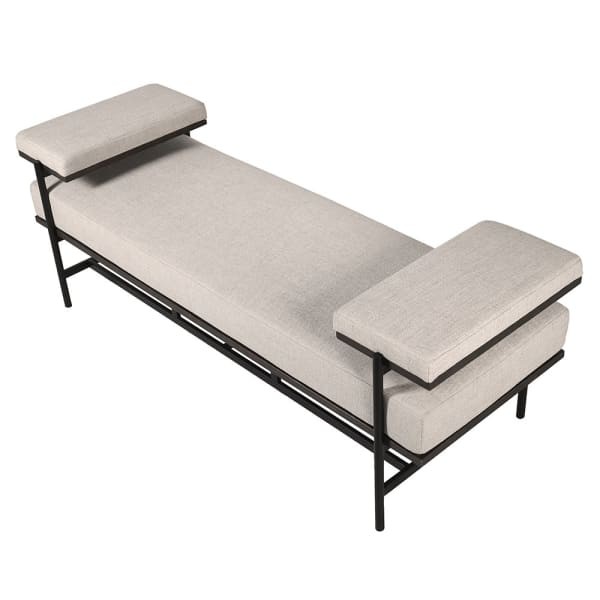 Cream upholstered bench with arms and brown iron frame