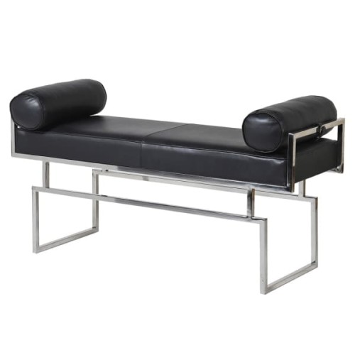 Black Leather Bench with Polished Stainless Steel Base – 122 cm