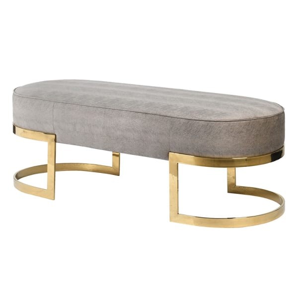 Grey upholstered bench with polished gold stainless steel frame