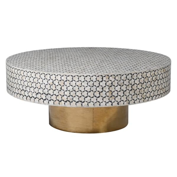 Belize Circular Coffee Table 107 cm bone inlay, white, black and gold geometric pattern
