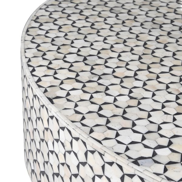 Belize Circular Coffee Table 107 cm bone inlay, white, black and gold geometric pattern