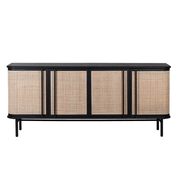 Large black sideboard with natural cane doors and iron legs