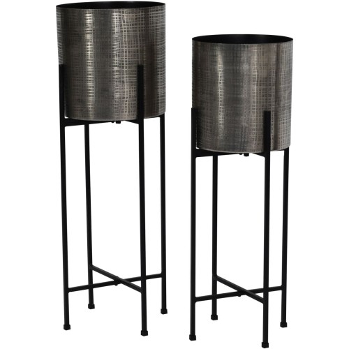 Belgrave Grey Indoor Planters 76 cm – Set of 2 Silver Iron Planters on Black Stands