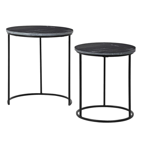 Black nesting side tables with marble tops
