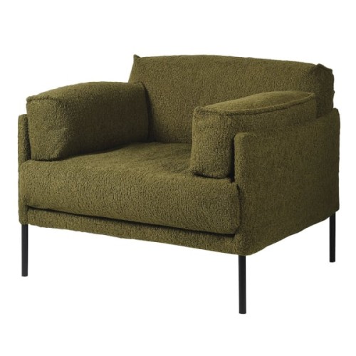 Green Boucle Armchair with Black Legs and Cushions, 110 x 86 cm