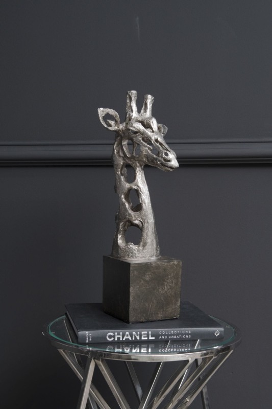 Giraffe Head Sculpture 46 cm silver and black resin
