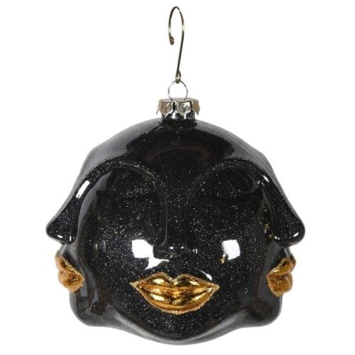 Gold Lips Glass Christmas Baubles 11 cm – Set of 6 Black and Gold Face Ornaments