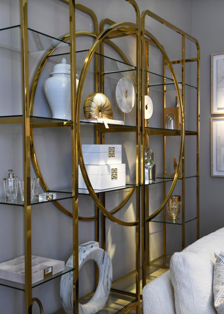 Chesham Gold Stainless Steel Display Unit glass shelves