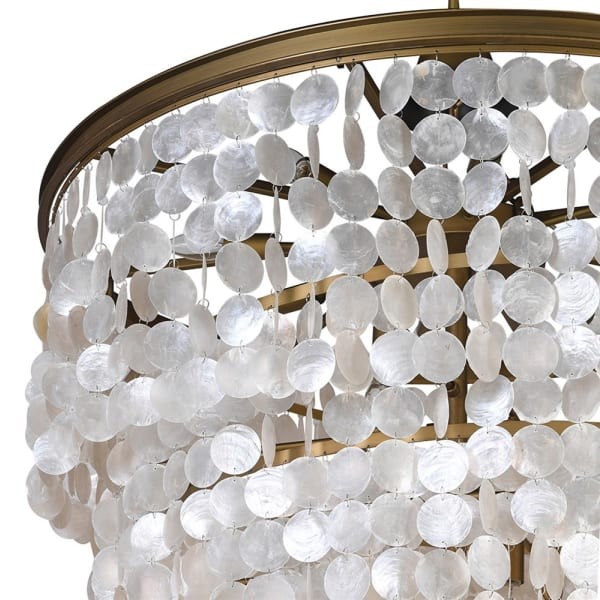 Large white shell chandelier with natural shells and dark gold iron frame