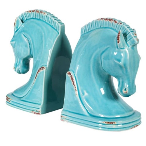 Stylish Blue Ceramic Horse Bookends - Keep Your Books in Place with 20cm Support Stand