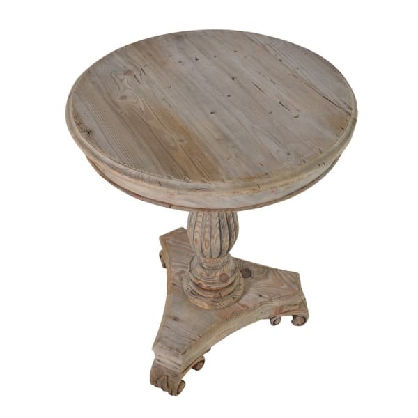 Round wooden wine table with sculpted pedestal