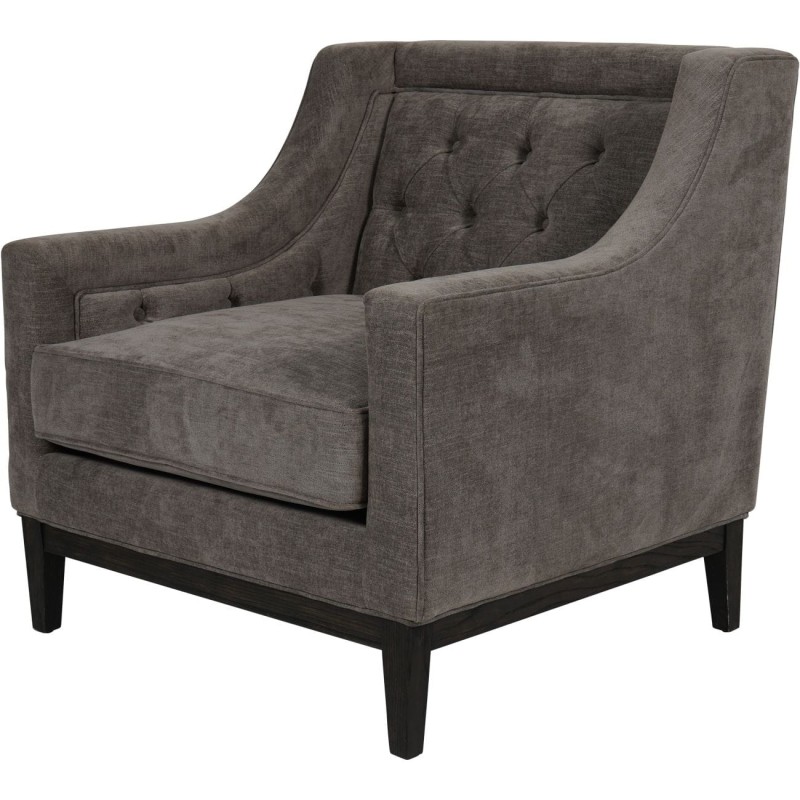 Cheval grey upholstered armchair with button-tufted back and dark wood frame